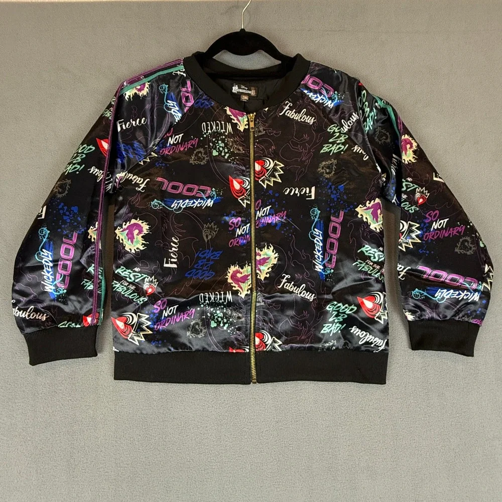 Disney Descendants 3 Bomber Jacket Kids Size 16 XL Black Neon Sequin Graphic Zip